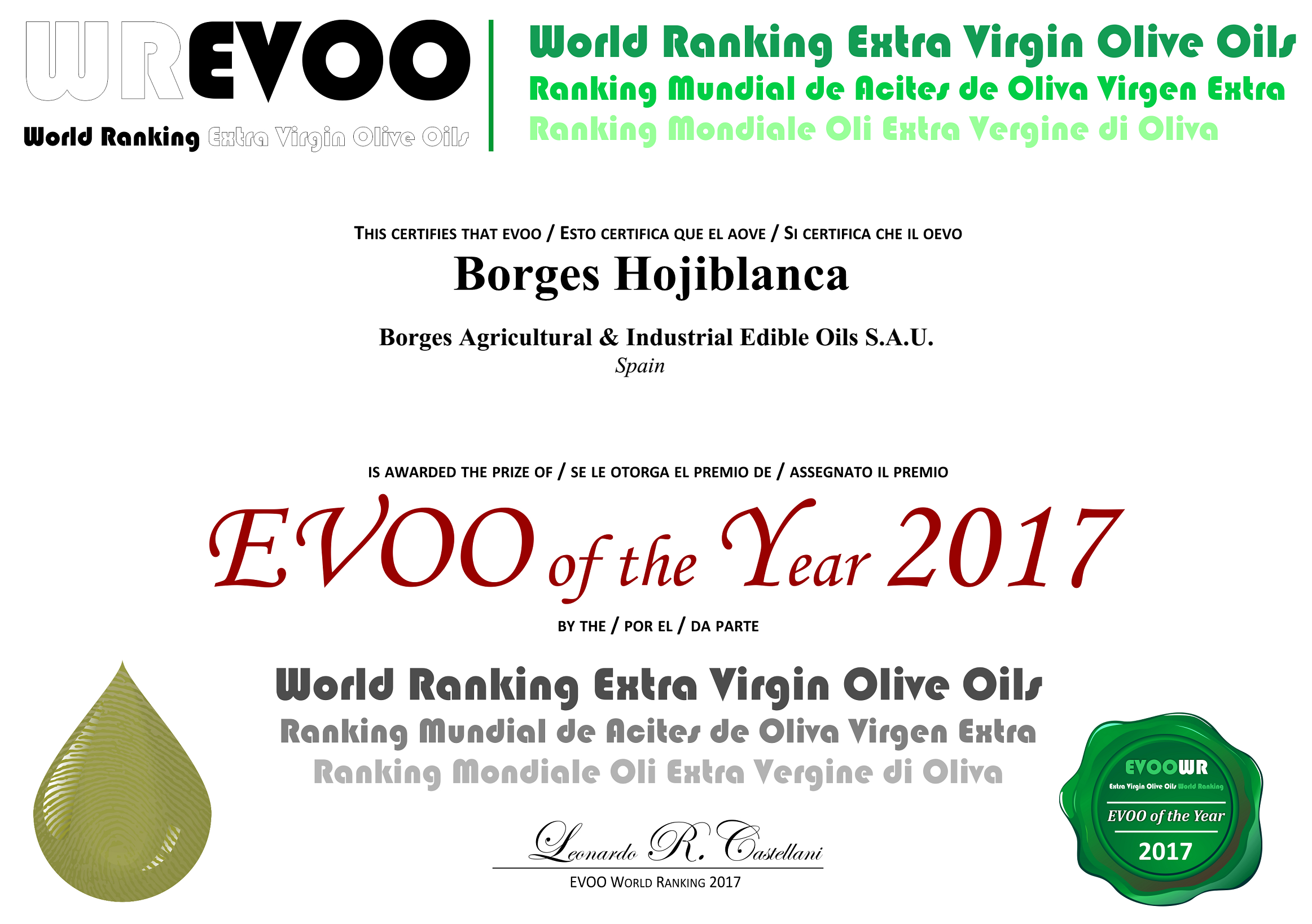 西班牙BORGES百格仕橄欖油世界EVOO年度評比第5名